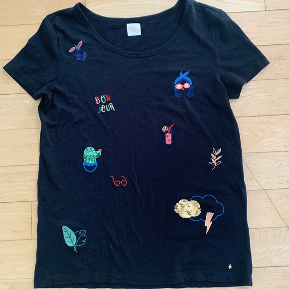 Des Petits Hauts navy blue embroderies tee shirt size 1 - Picture 9 of 12
